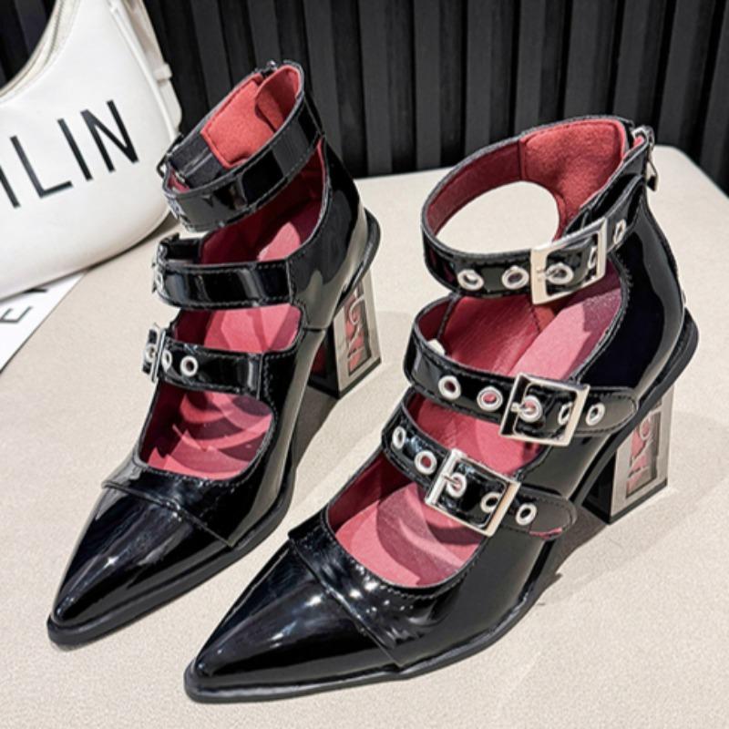 Spring New Coarse Heel Shoes Women Pointed Head Shallow Mouth Rivets Metal Buckle Line Belt High Heels