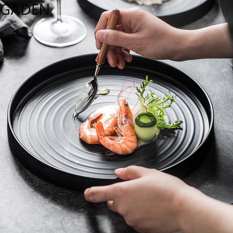 Tray Design, Multi-purpose Decoration, Simple Straight Side Dinner Plate, Black and White Threaded Restaurant Tableware