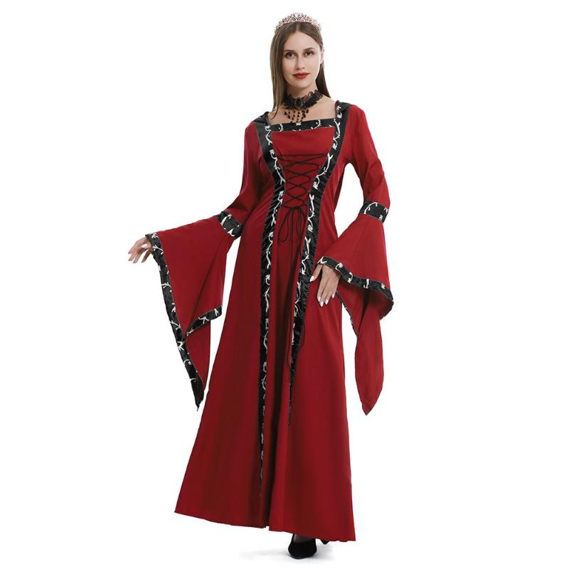 Women Vintage Medieval Court Style Square Neck Flared Sleeve Hooded Large Hem Dress