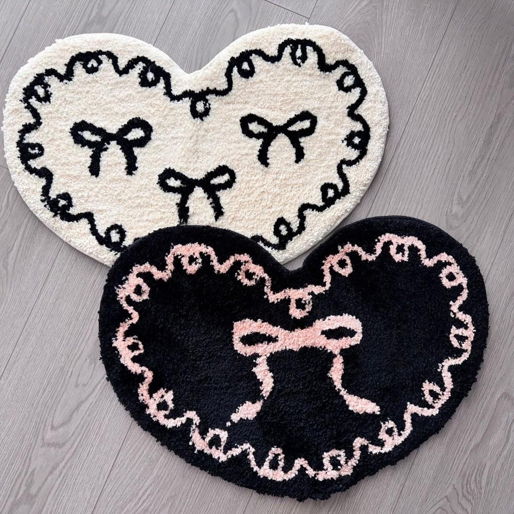 Cute Heart-shaped Flocked Floor Mat Thickened Absorbent Bow Heart Rug Anti-slip Soft Decorative Carpet