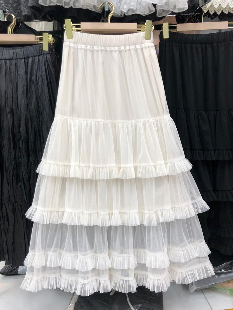 2025 Early New Elastic Waist Lace Lace Splicing A Word Big Pendulum Foreign Style Gray Cake Skirt Long Skirt