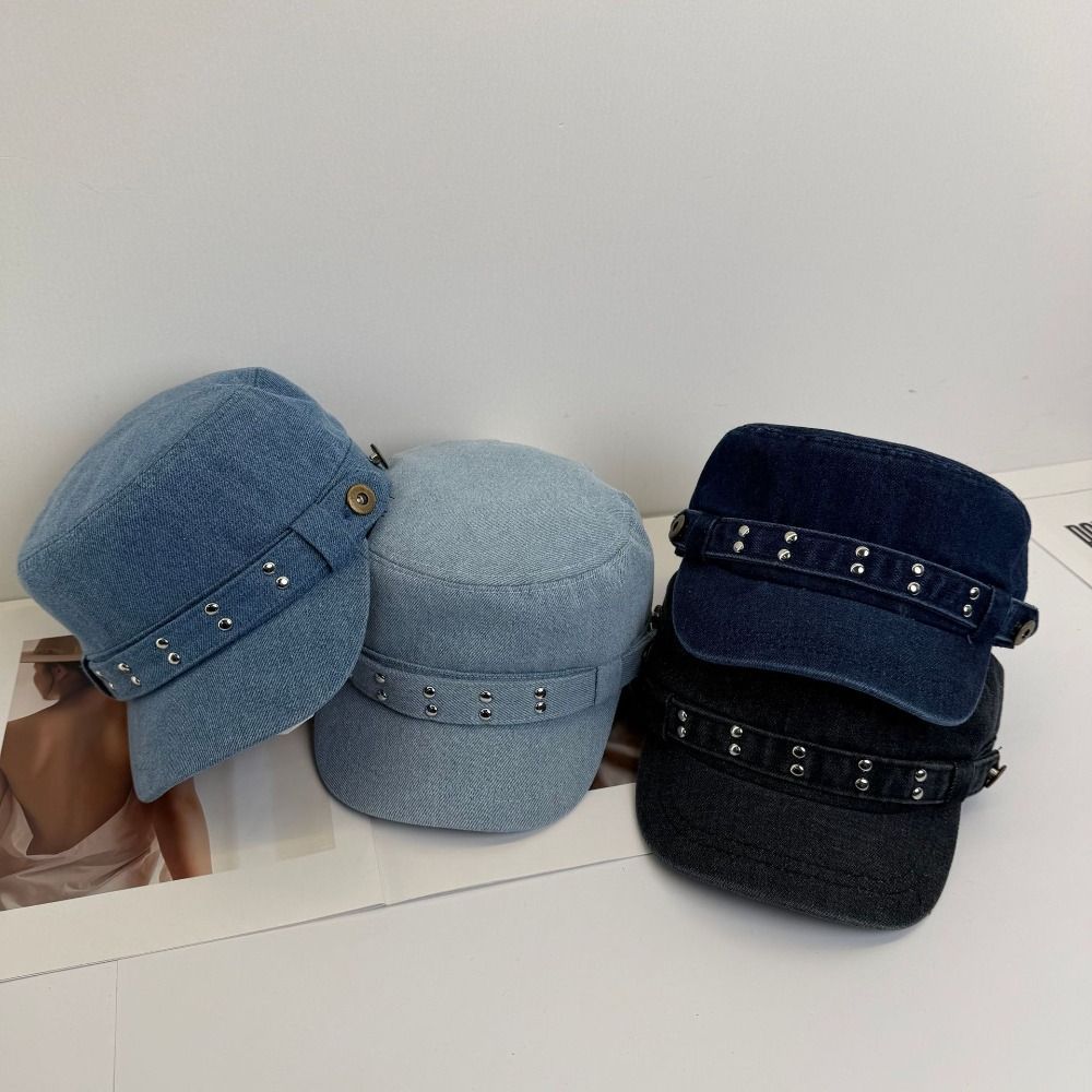 Retro Cloth Rivet Denim Beret Y2k Korean Style Rivet Flat Top Fashion Washed Denim Equestrian Hat Streetwear