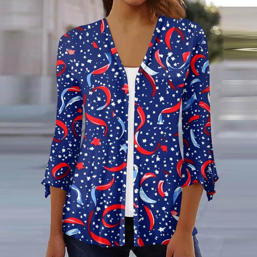 Women's Loose Casual Independence Day Printed Seven Sleeve Button Down Shirt Cardigan Top