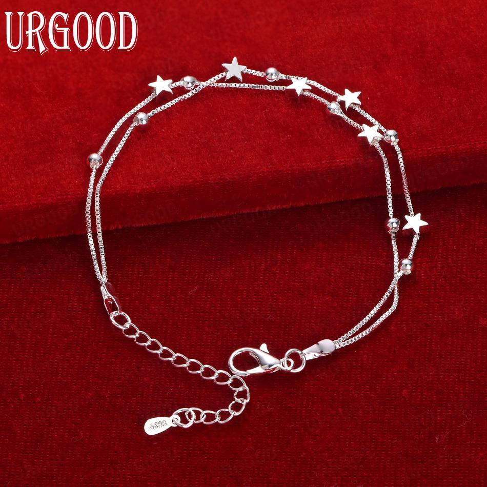 925 Sterling Silver Checkered Chain Star Bracelet Wedding Jewelry
