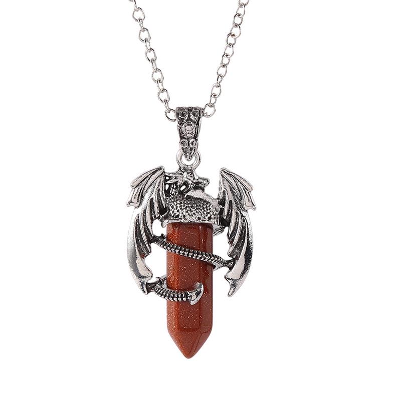 Vintage Flying Dragon Pendant Necklace with Amethyst, Rose Quartz, and Tiger Eye Gems