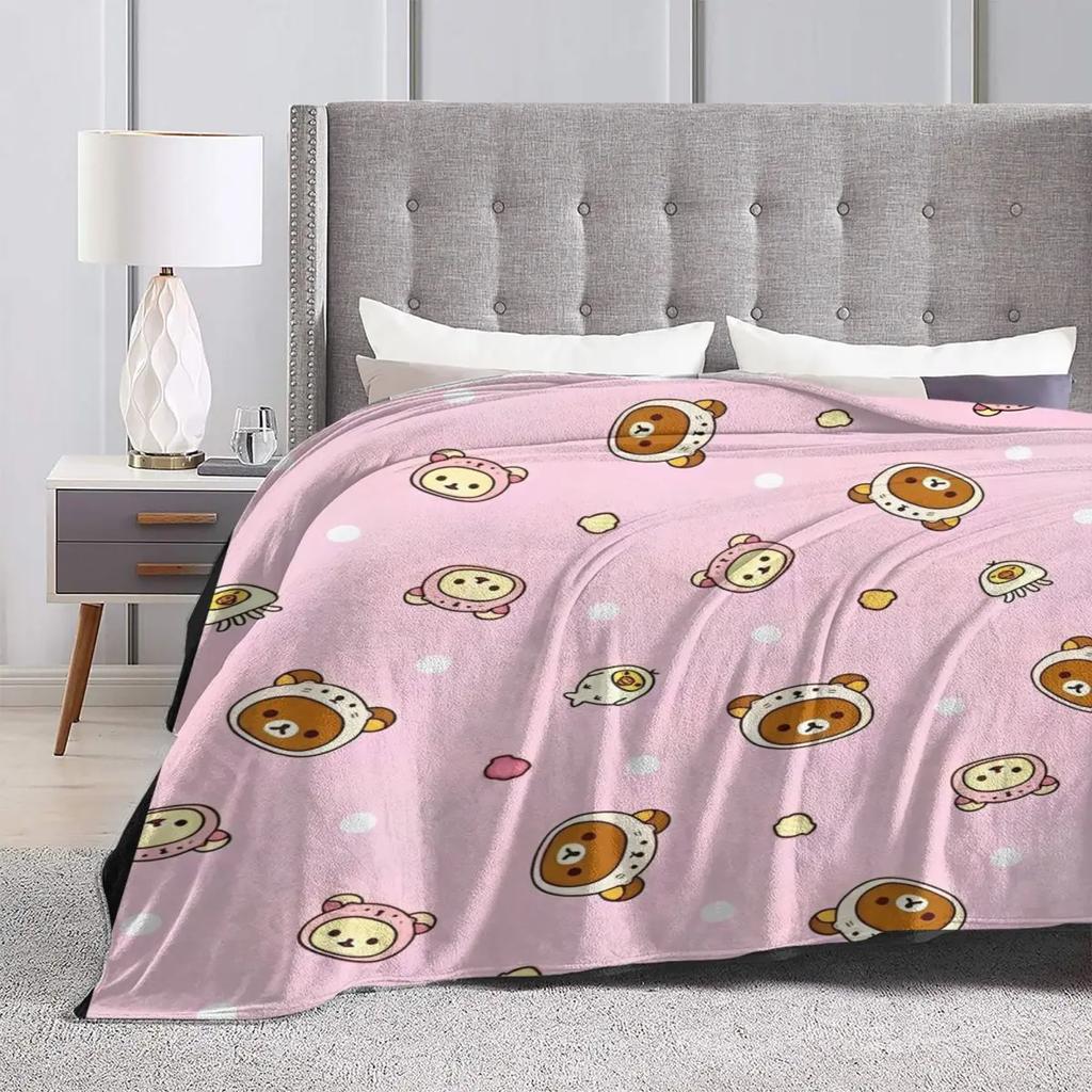 Rilakkuma Cartoon Flannel Blanket Super Warm Throw Blanket for Couch Chair Decorative Print Bedspread Sofa Bed Cover