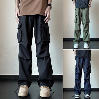 Men Cargo Pants Mid-rise Drawstring Multi Pockets Design Leisure Trousers Solid Color Wide Leg Outdoor Camping Pants Plus Size
