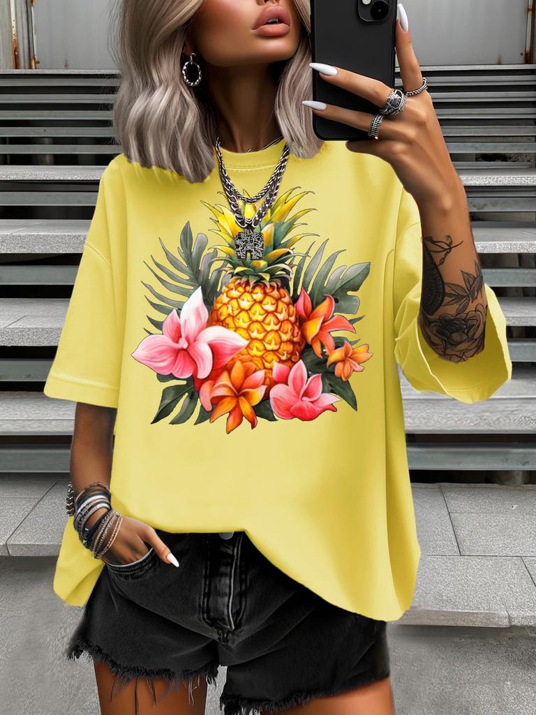 Summer Women's Plus Size Cotton T-Shirt Fashion Pineapple Flower Printed Casual Short Sleeved Tops