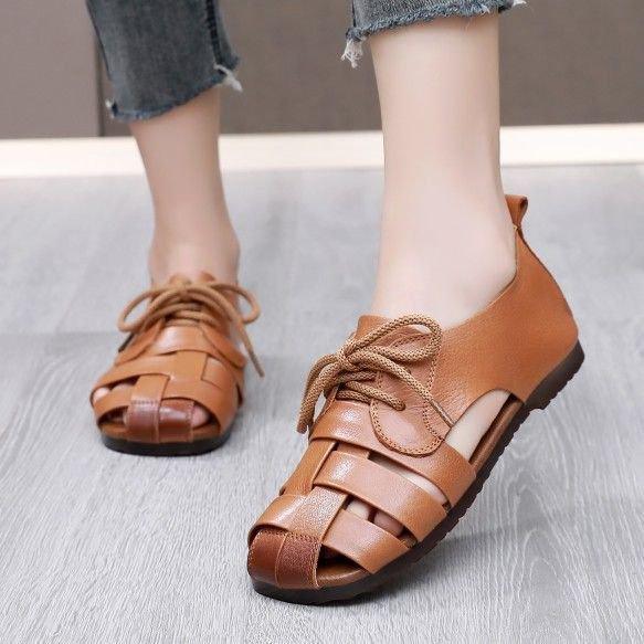 Retro Baotou Roman Sandals Women's Soft Leather Soft Sole Comfortable Hollow Breathable Casual Mom Shoes Ethnic Wind Cave Shoes
