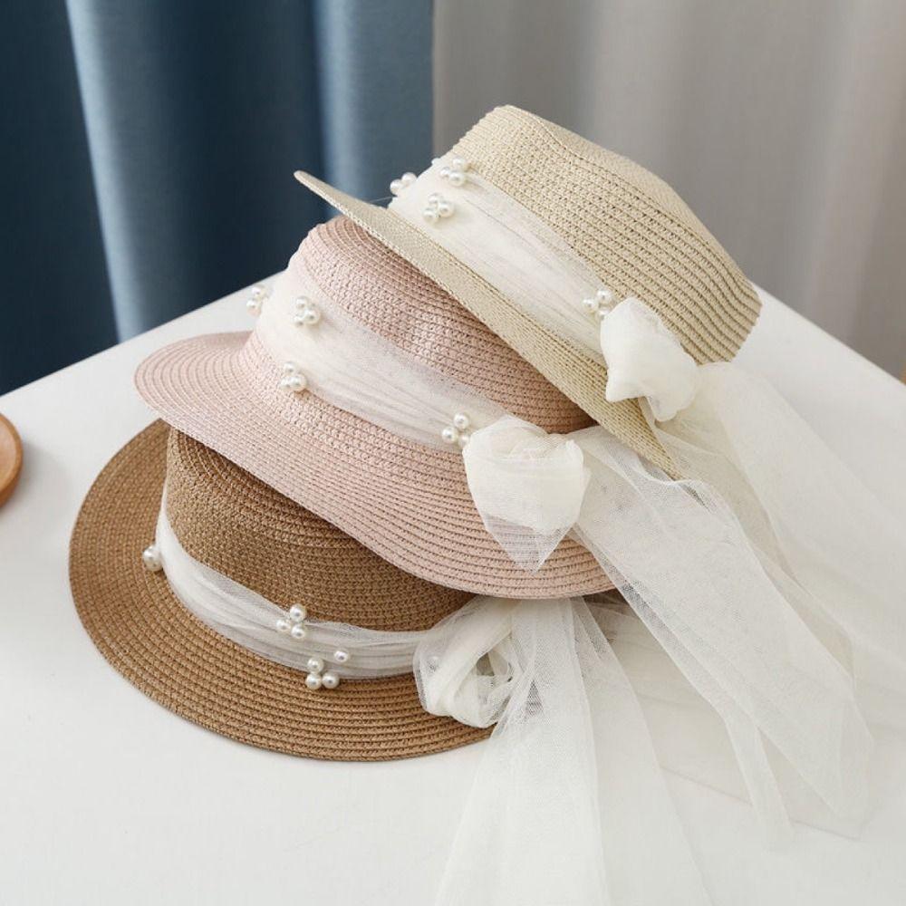 Pearl Summer Straw Hat Spring Summer UV Protection Cap Ins Wide Brim Sun Hat  Travel