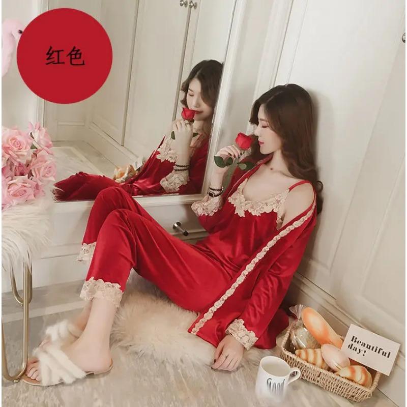 

Пижама женская осенне-зимняя сексуальная слинговая золотая бархатная с длинными рукавами женская ночная рубашка костюм большого размера домашняя одежда комплект из трех предметов 2XL