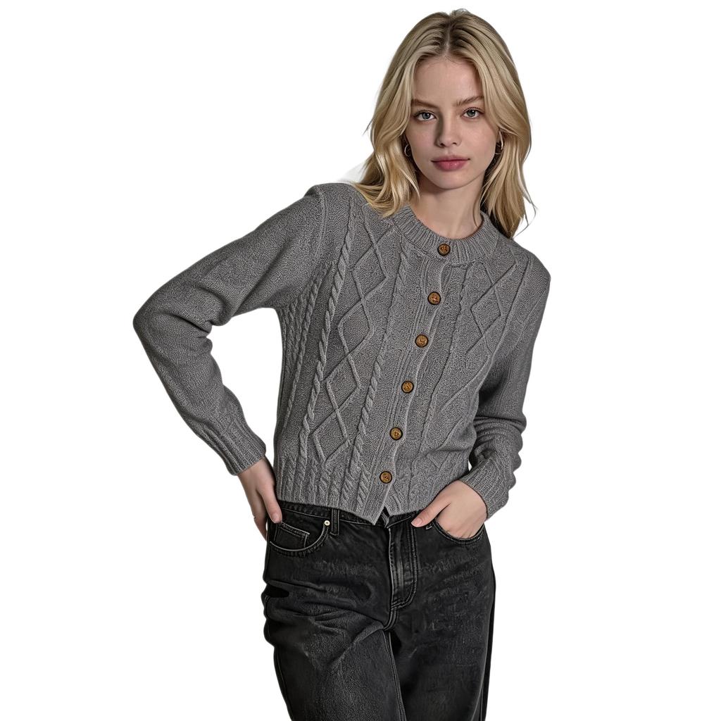 New Crew Neck Knit Cardigan for Women, Autumn/winter Coarse Knit Knit Sweater Jacket, Fashionable Versatile Long-sleeve Top