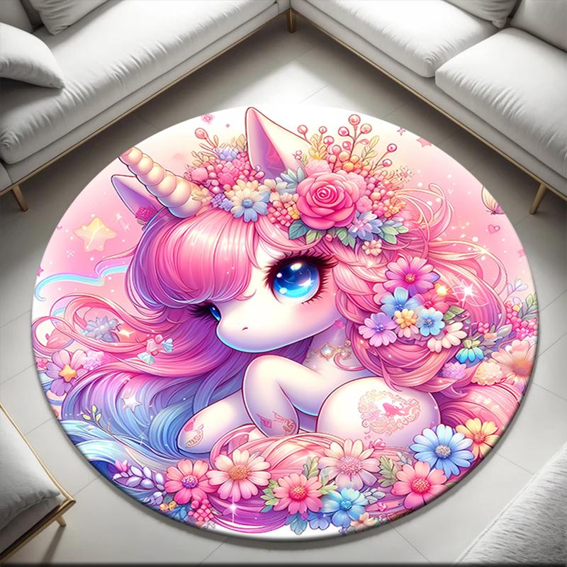1pc Cartoon Cute Fantasy Unicorn Round Carpet Painted Printed Circular Carpet, Home Door Mat, Outdoor Travel Protection Carpet