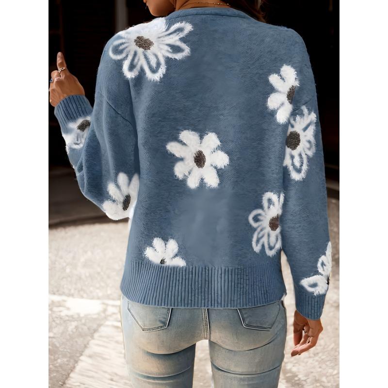 Floral Pattern Button Front Cardigan, Casual V Neck Long Sleeve Cardigan for Fall & Winter, Women's Clothing