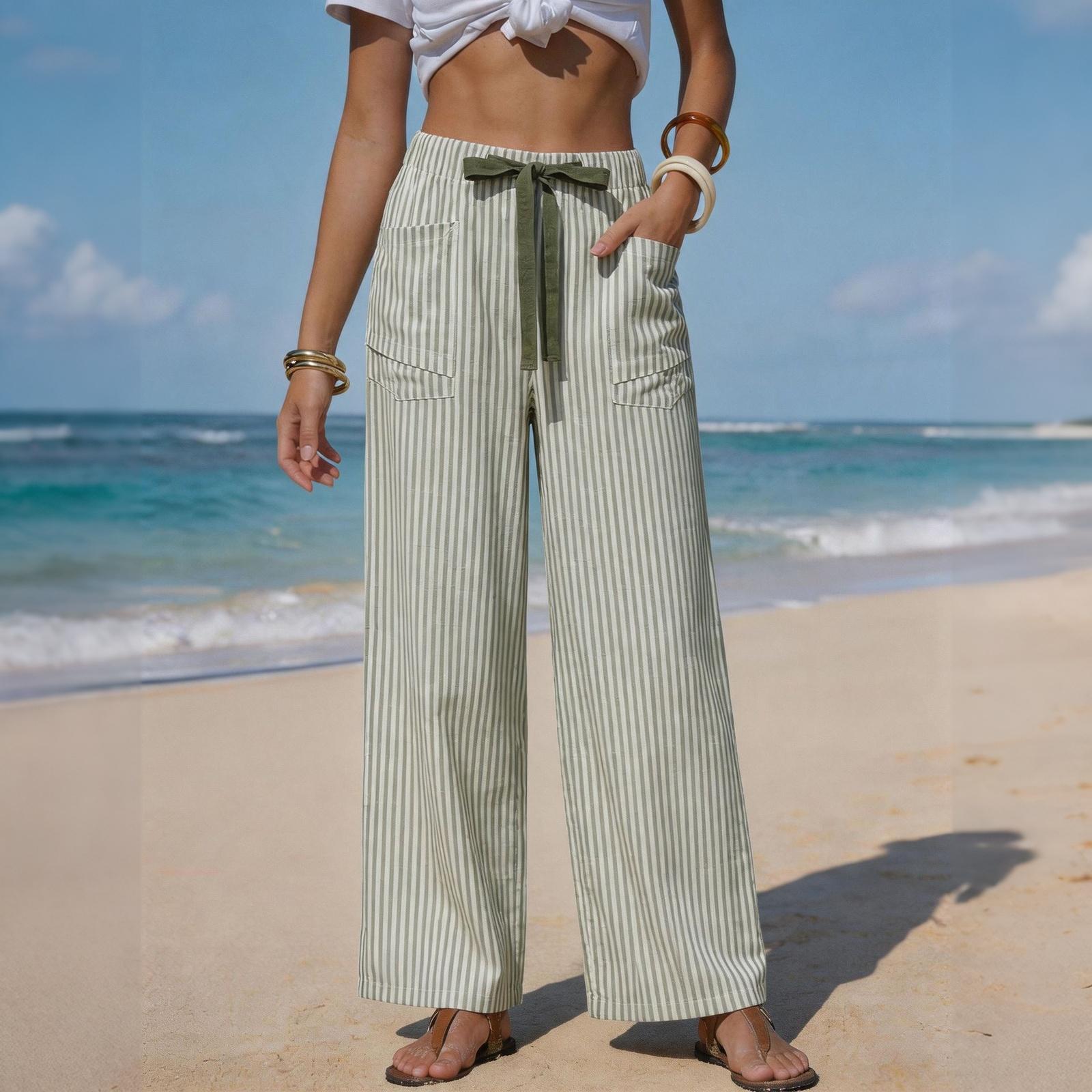 

Women s Casual Wide Leg Pants Striped Drawstring Waistband with Pockets Lightweight Comfortable Loose Fit Trousers for Daily Wear XXL зелений
