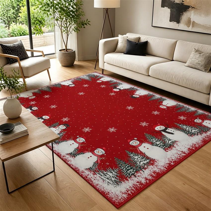 1pc 2D Flat Christmas Red Snowman Snowflake Area Rug, Washable Non-Slip Decor Floor Mat for Living Room Bedroom