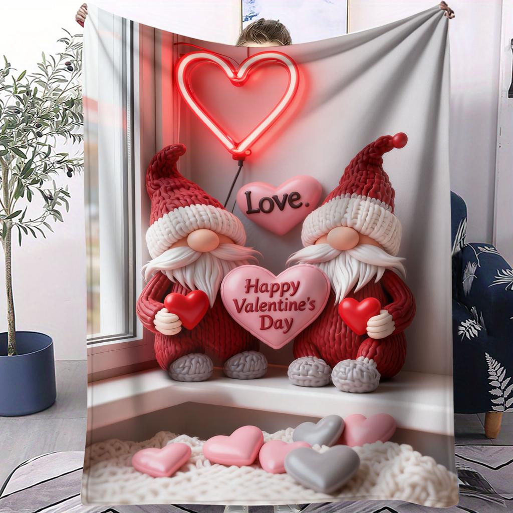 Cute Gnome Couple Flannel Blanket Heart Pattern Warm Throw Lightweight Cozy Cover for Living Room Christmas Valentine's Day Gift