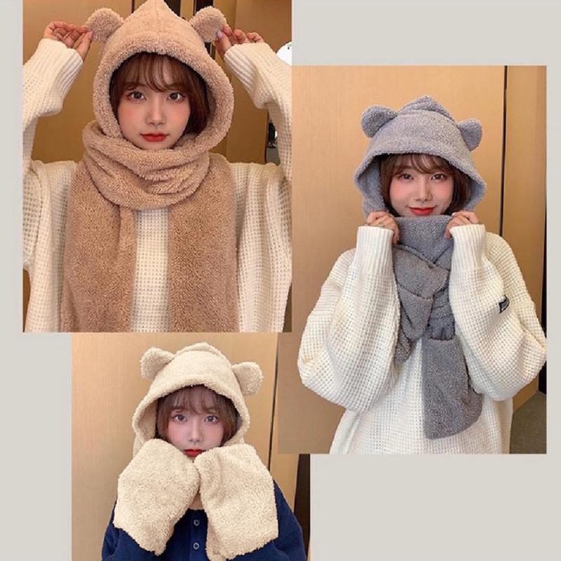 Herbst und Winter Cartoon Süßer Bär Hut Schal Drei-in-Eins Koreanischer Stil Hut Warm und Bequem Gehörschutz All-in-One Hut