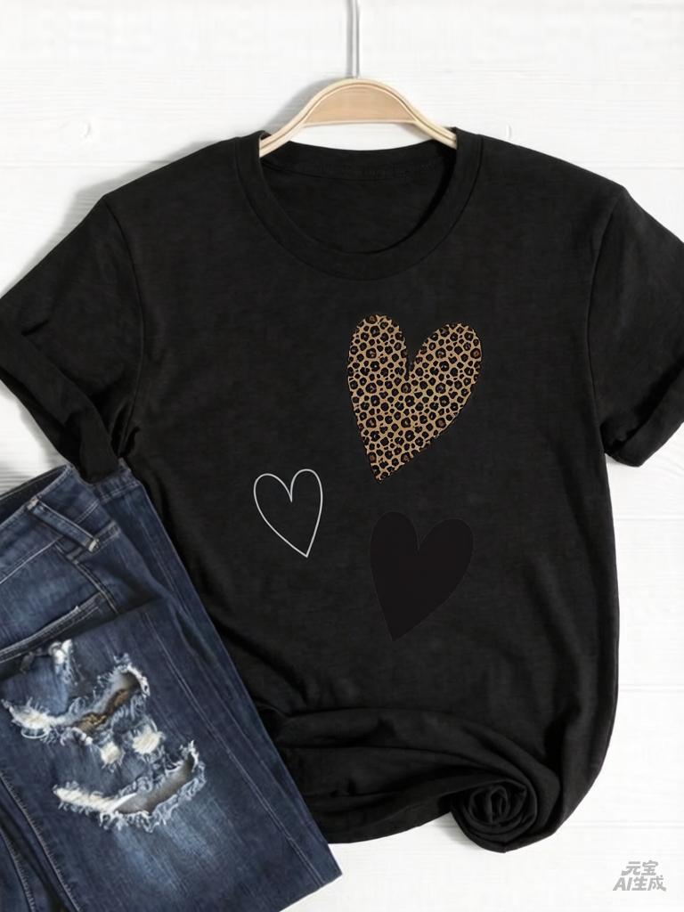 Tee Basic Clothing Women Clothes Print T Shirt Leopard Love Heart Trend Cute Summer Top Fashion Short Sleeve Graphic Tshirt