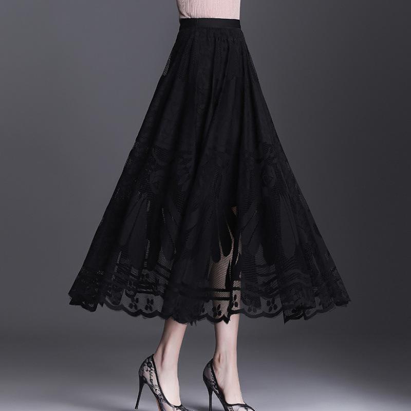 Women Vintage Sexy Hollow Lace High Waist Elegant Party Long Skirt Summer Fashion Black Pleated Fairy A Linen Maxi Skirts Faldas