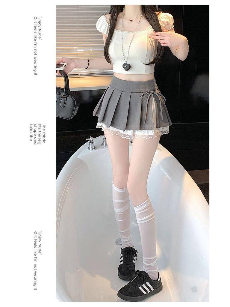 Sweet Pleated A-Line Mini Skirt with Lace Patchwork, High-Waisted and Anti-Exposure, 2025 Summer Collection