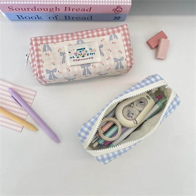 Sweet Cute Splicing Plaid Bow Pencil Case Portable Large Capacity Student Stationery Storage Bag Pen Bag Girly Cosmetic Bag Gift