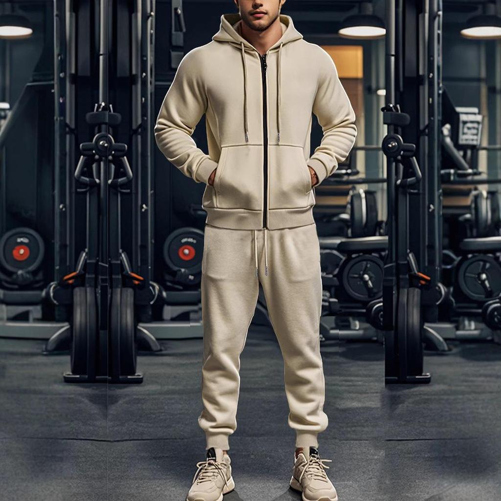Men's Solid-Hue Fleece-Lined Warm Outfits for Fall & Winter: Zip-Up Long-Sleeve Hooded Casual Athletic Sets