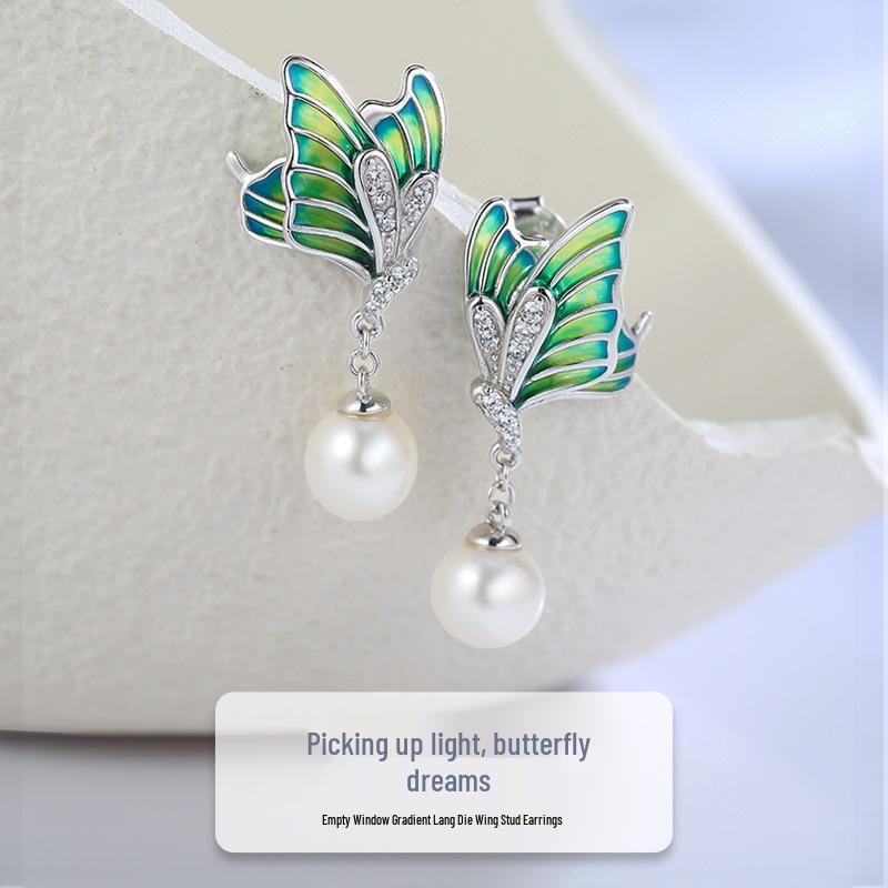 Butterfly Dream Enamel Pearl Earrings: S925 Sterling Silver, Fashionable Design