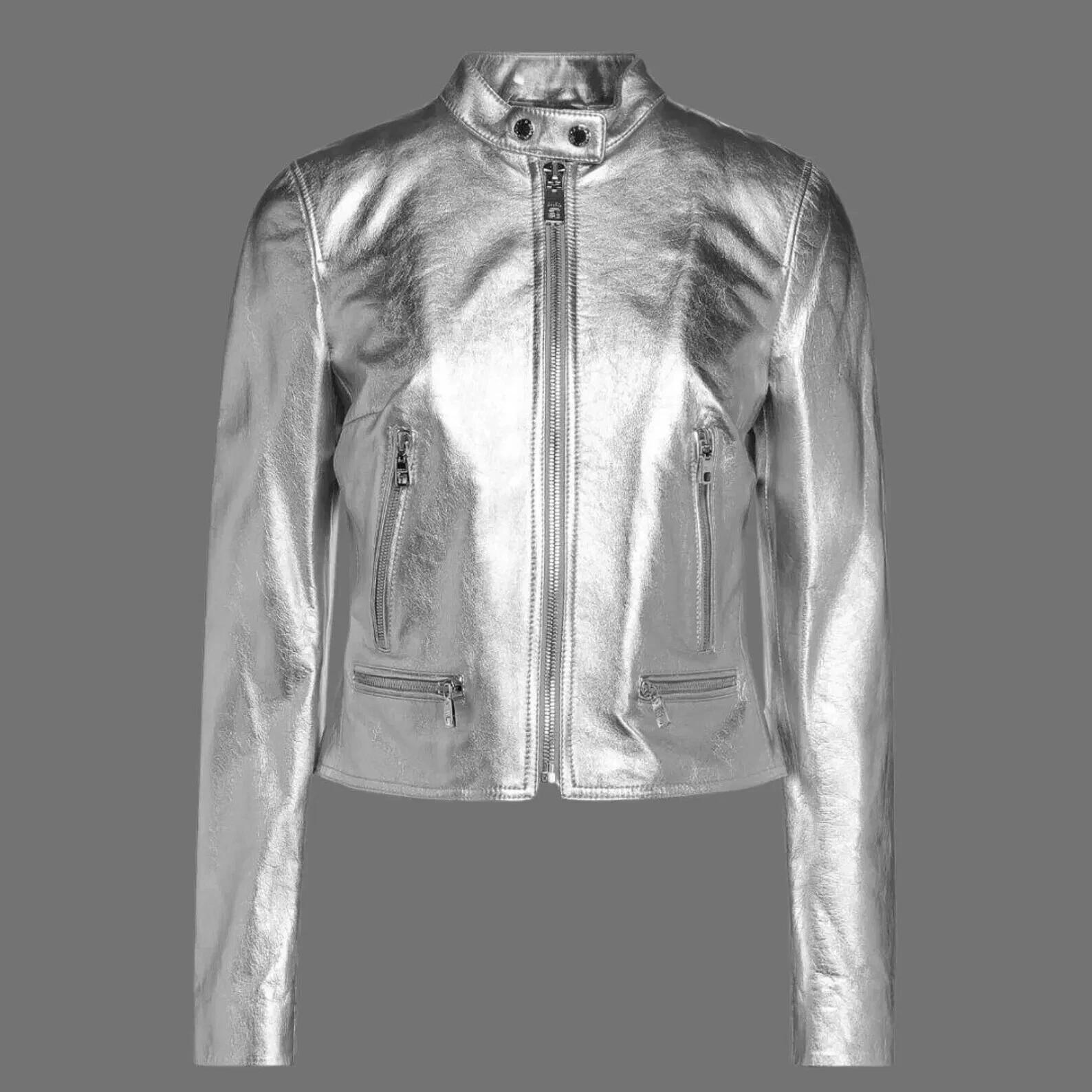 

Женская куртка серебристая стильная кожаная ручной работы из овчины модная повседневная мягкая одежда байкерский крой 3XL серебряный