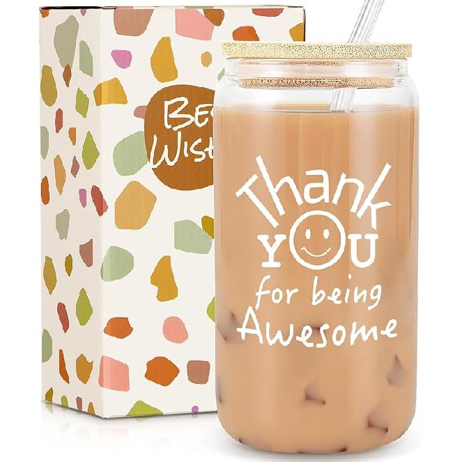 Thank You Gifts for Women Men, Teacher Appreciation Gifts, Employee Appreciation Gift for Coworkers, Thank You for Being Awesome Glass Cup for thank you cup