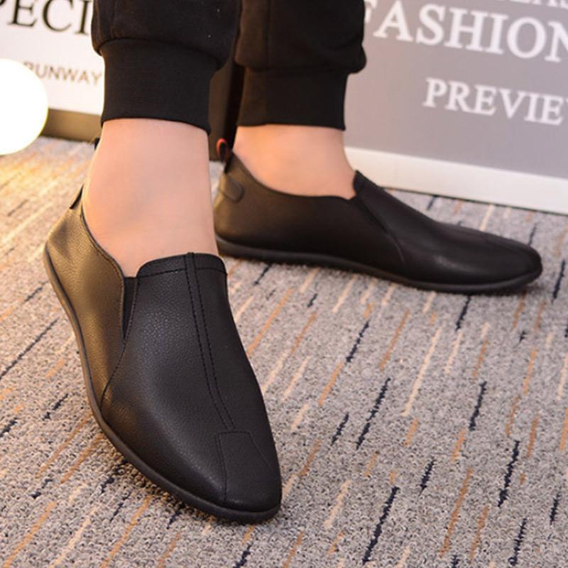 Men's Casual Slip-on Leather Shoes Formal Suit with Black PU Beanie Shoes Comfortable Flat