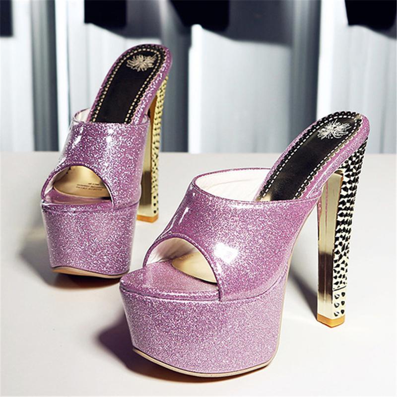 Sexy Slippers Women Summer Shoes Outdoor High Heels Platform Mules Ladies Luxury Designer Patent Golded Silver Sandals Lades