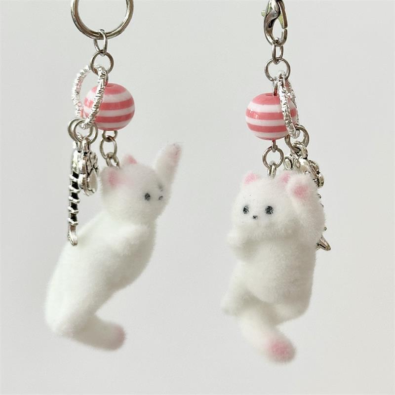 Cute Flocking Cat Phone Lanyard Strap Kitten Keychain Pendant Anti Lost Phone Chain Bag Ornament Cell Phone Love Fish Charm Gift