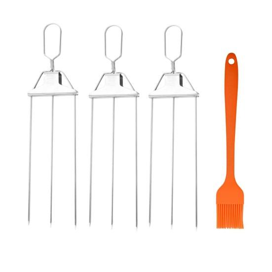3-Prong Grill Skewers, Stainless Steel BBQ Skewers with Pusher, Rust-proof Grill Sticks for Meat Vegetables Chicken Shrimp, Outdoor Cooking Essential