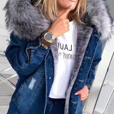 Women's Fleece-Lined Denim Jacket: Ripped Winter Coat, Thick and Warm, European/American Style 2024