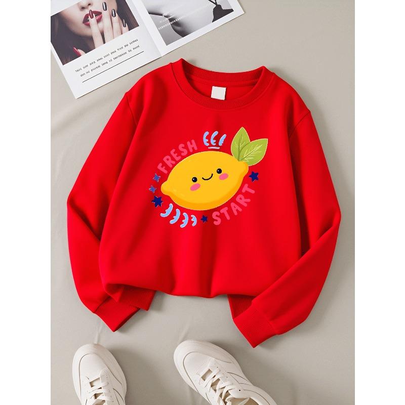 European sizes Fresh Lemon Start Day Girls' Crew Neck Sweatshirt, Autumn Winter Western Top, Long Sleeved Casual.