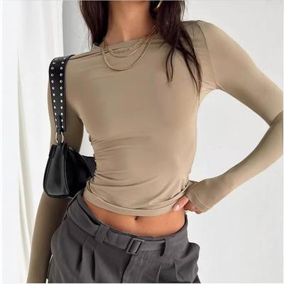 Women's Casual Long Sleeve T-Shirt Spring and Autumn Solid Color Slim Fit Pullover Bottoming Shirt Top