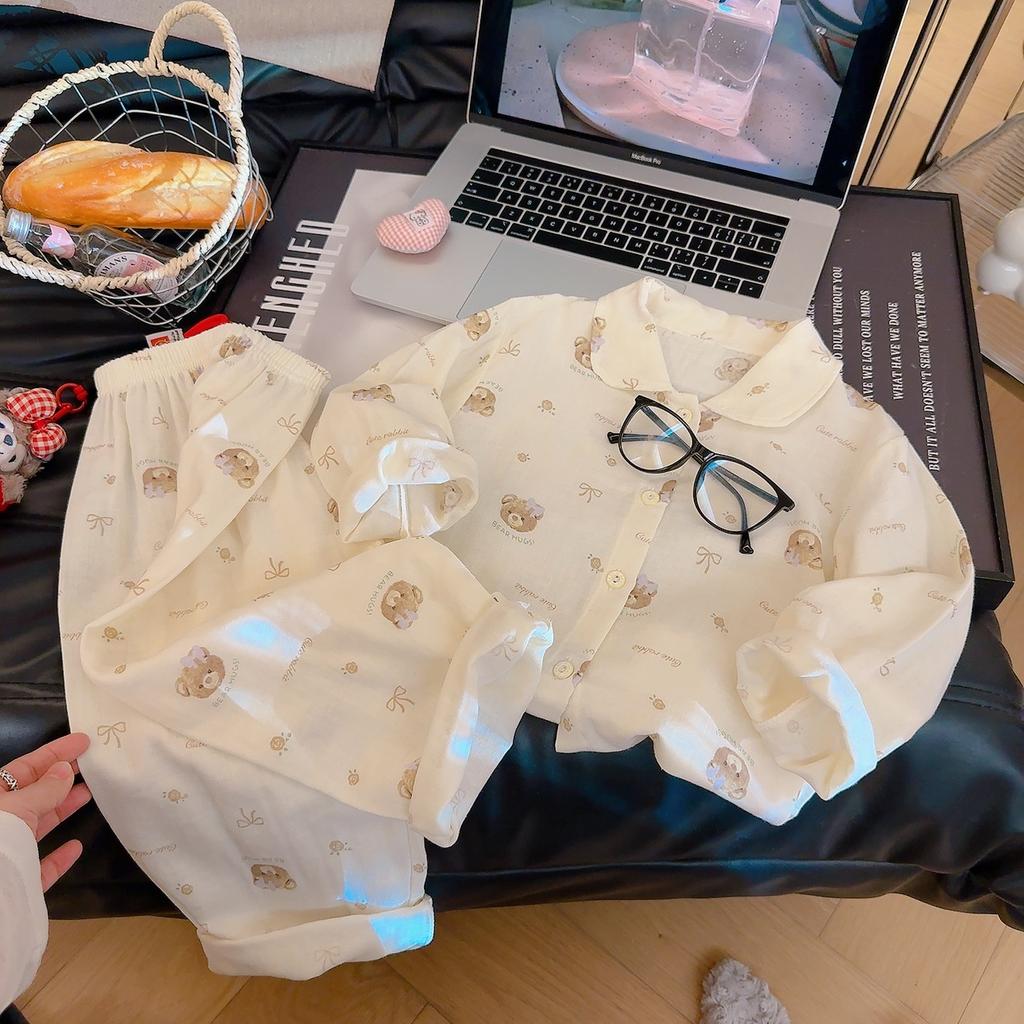 Children'S Pure Cotton Gauze Loungewear Boys And Girls Double Yarn Printing Set Doll Collar Pajamas Pajamas Cardigan Spring And Summer
