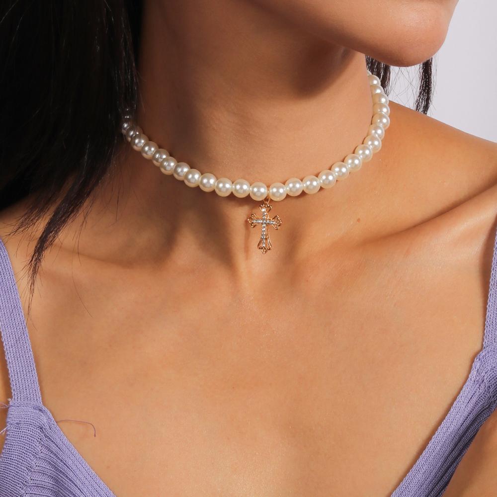 Elegant Cross Pendant Necklaces for Women Girls Pearl Beaded Choker Necklace Wedding Party Jewelry Gifts
