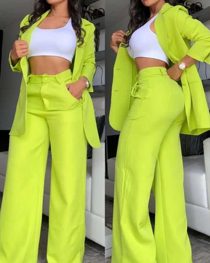 2024 Women's Elegant Solid Color Suit with Slit Sleeve Lapel and Straight-Leg Pants