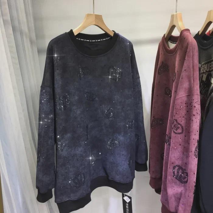 European Luxury Crown Diamond Sweater: Women's Plus-Size Velvet Thick Long Sleeve Top