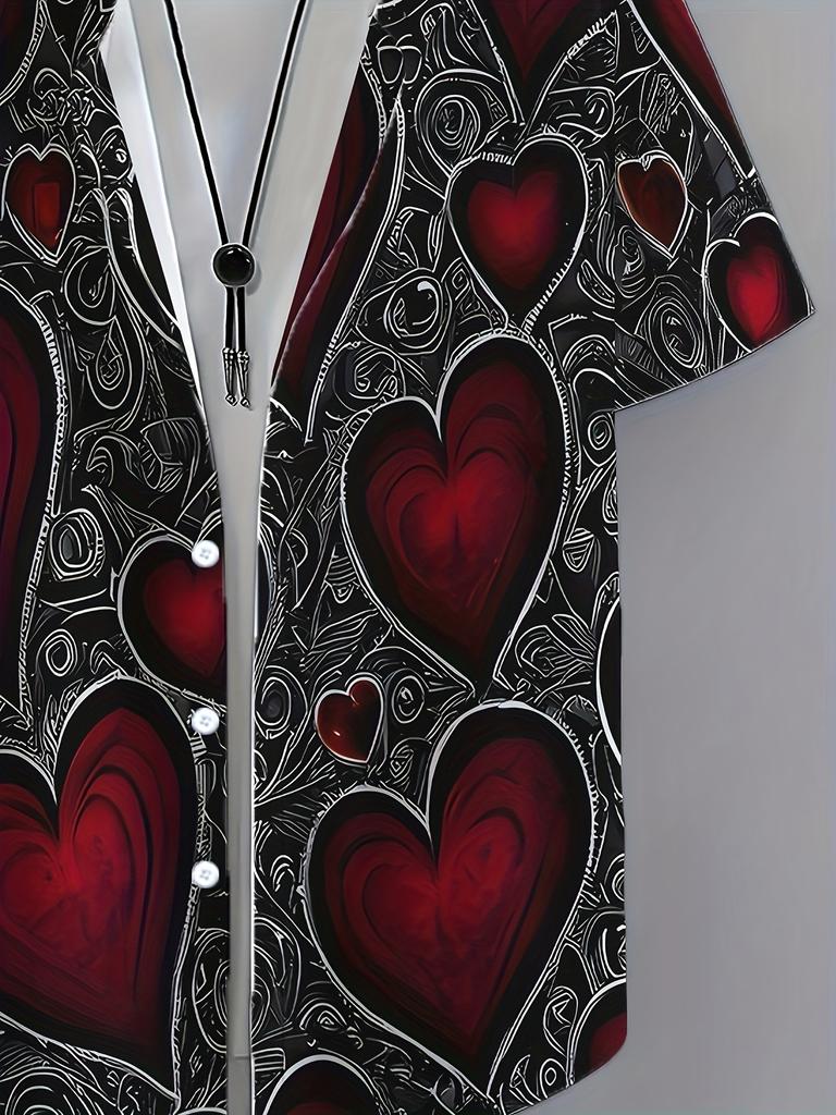 Men's Casual Hawaiian Shirt with Heart Print, 100% Polyester, Short Sleeve, Button Front, Collared, Regular Fit, 120g/m² - Spring/Summer Beachwear