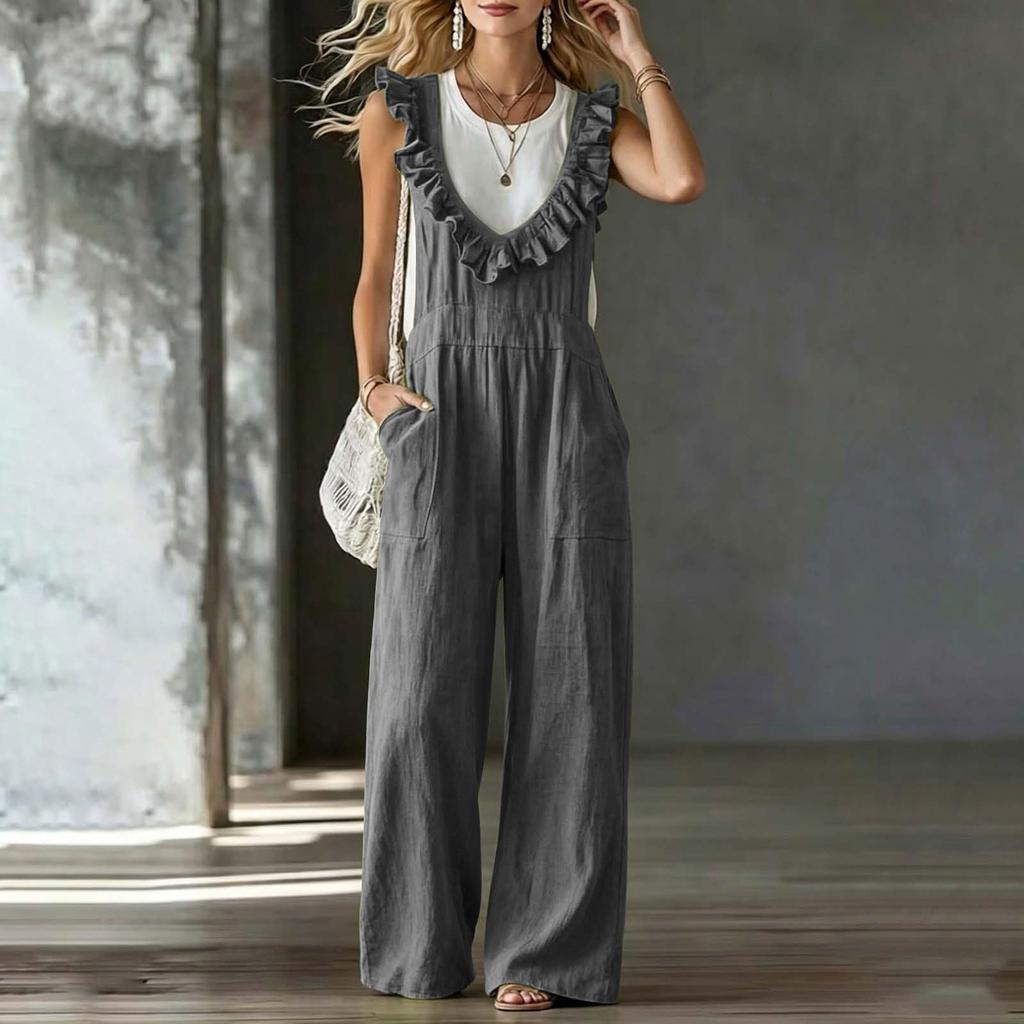 Women's Sleeveless V-Neck Ruffled Jumpsuit Comfortable Fit for Casual Daily Wear
