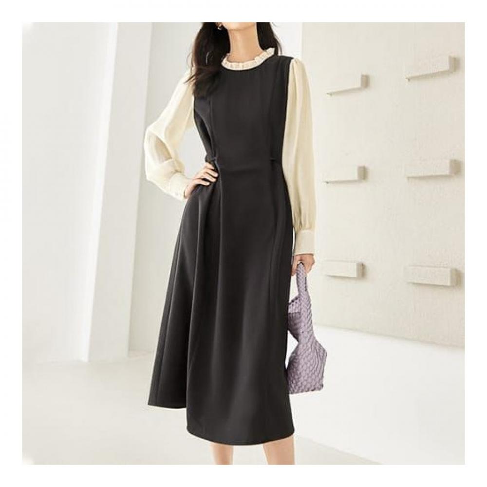Navava Vintage Frill Round Neck Long Sleeve Dress No692