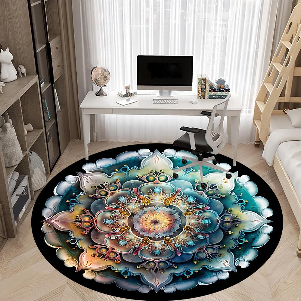 1pc Mandala Artwork Chair Carpet for Office, Round Polyester Mat, Indoor Decor for Office, Easycare Fabric, Washable Non-slip Area Carpet