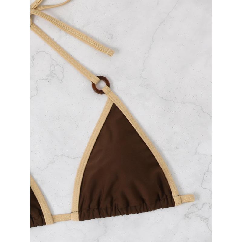 Women Sexy Solid Color Lace Up Two Piece Triangle Bikini Swimsuit