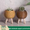 Indoor Faux Rattan Triangular Flower Stand - Creative Succulent Holder, Desktop Straw Woven Pot.