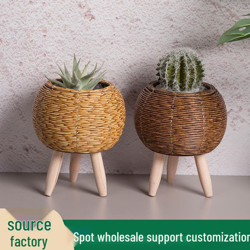 Indoor Faux Rattan Triangular Flower Stand - Creative Succulent Holder, Desktop Straw Woven Pot.
