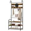 Entryway Coat Rack with Rod, 10 Hooks, Bench and Shoe Rack, In Wood and Metal, 80x40x182 Cm, Brown and Black