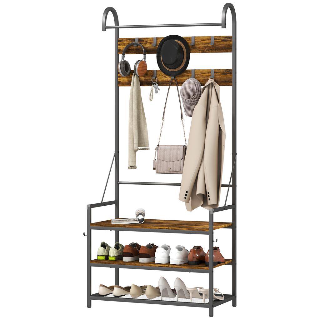 Entryway Coat Rack with Rod, 10 Hooks, Bench and Shoe Rack, In Wood and Metal, 80x40x182 Cm, Brown and Black